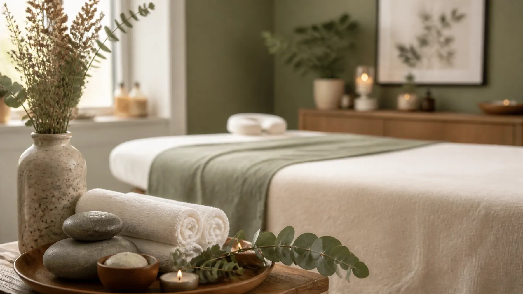 Warm hot stones and folded towels in a tranquil spa treatment room