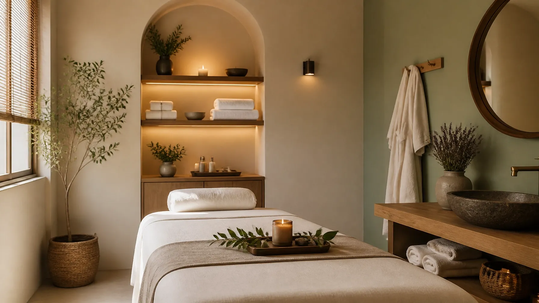 A warm, calm treatment room with folded towels and soft lighting