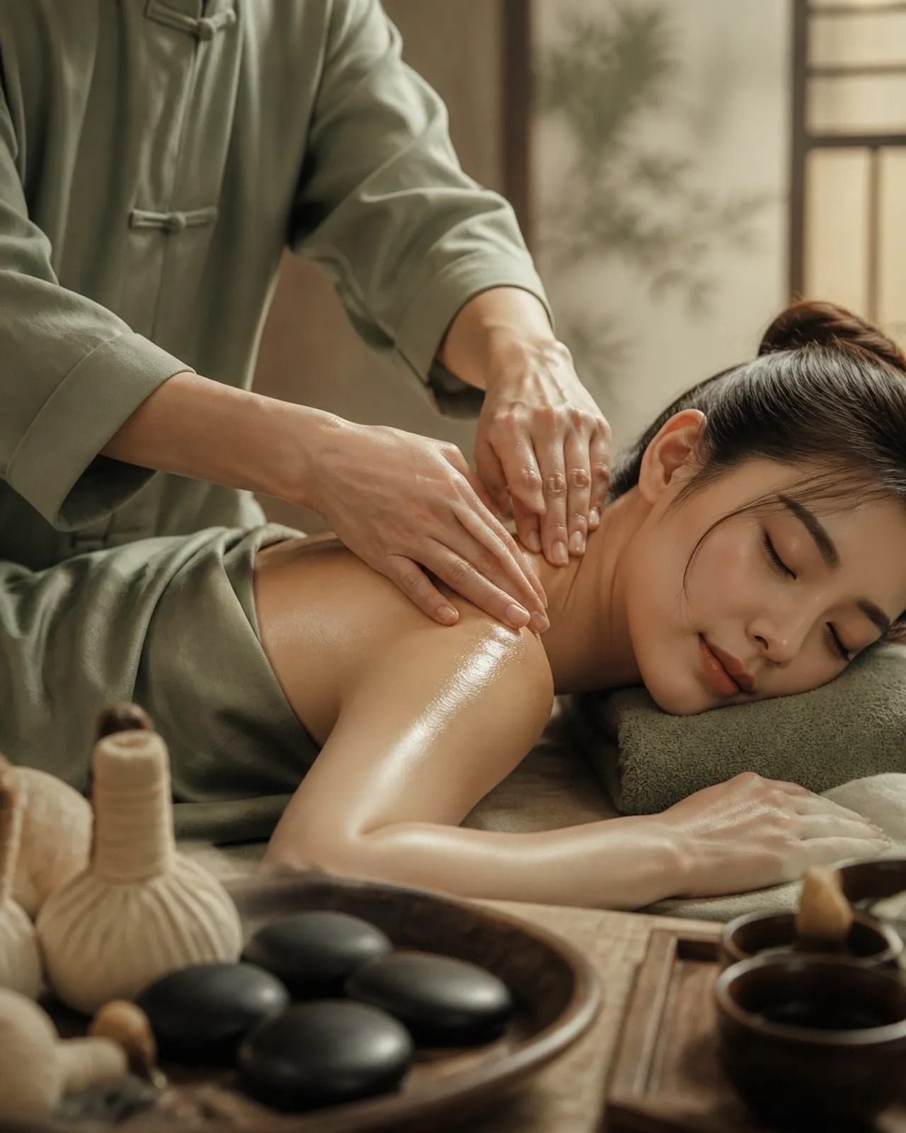 A therapist applying gentle pressure during a relaxing massage